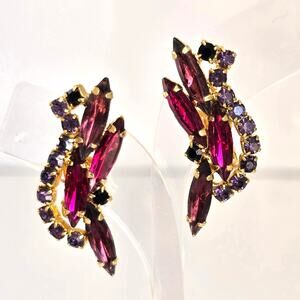Vintage Clip On Earrings Pink Navette Purple Black Rhinestone Gold Tone Glam